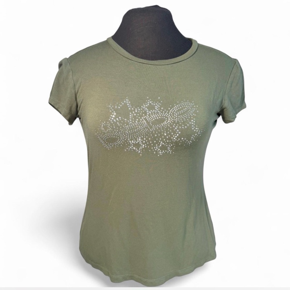 bebe Olive Green Short Sleeve Tee with Rhinestone Accent